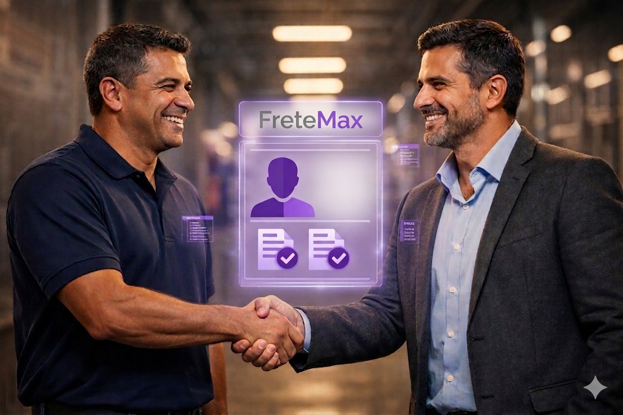 Profissionais de logística em aperto de mão, representando confiança entre transportadora e embarcador